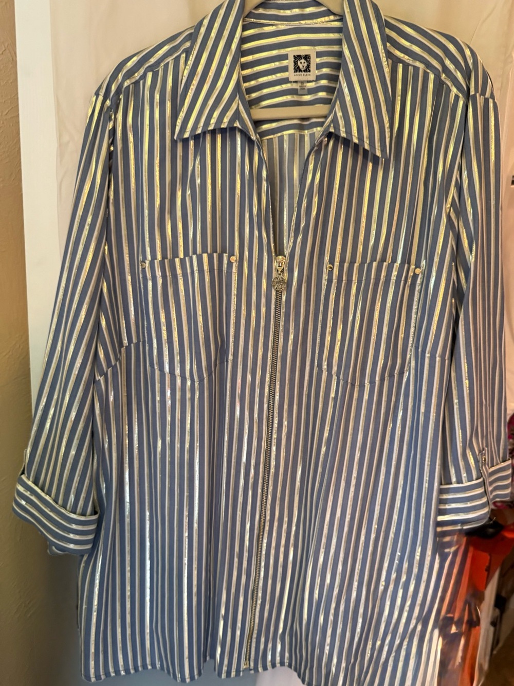 Anne Klein Blue and Gold Striped Blouse